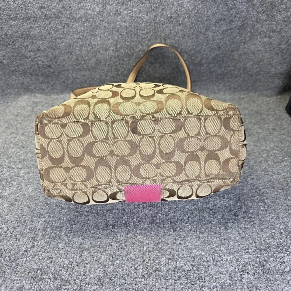 Coach Signature Stripe Tote Khaki Pink Jacquard Canvas Shoulder Bag F28504